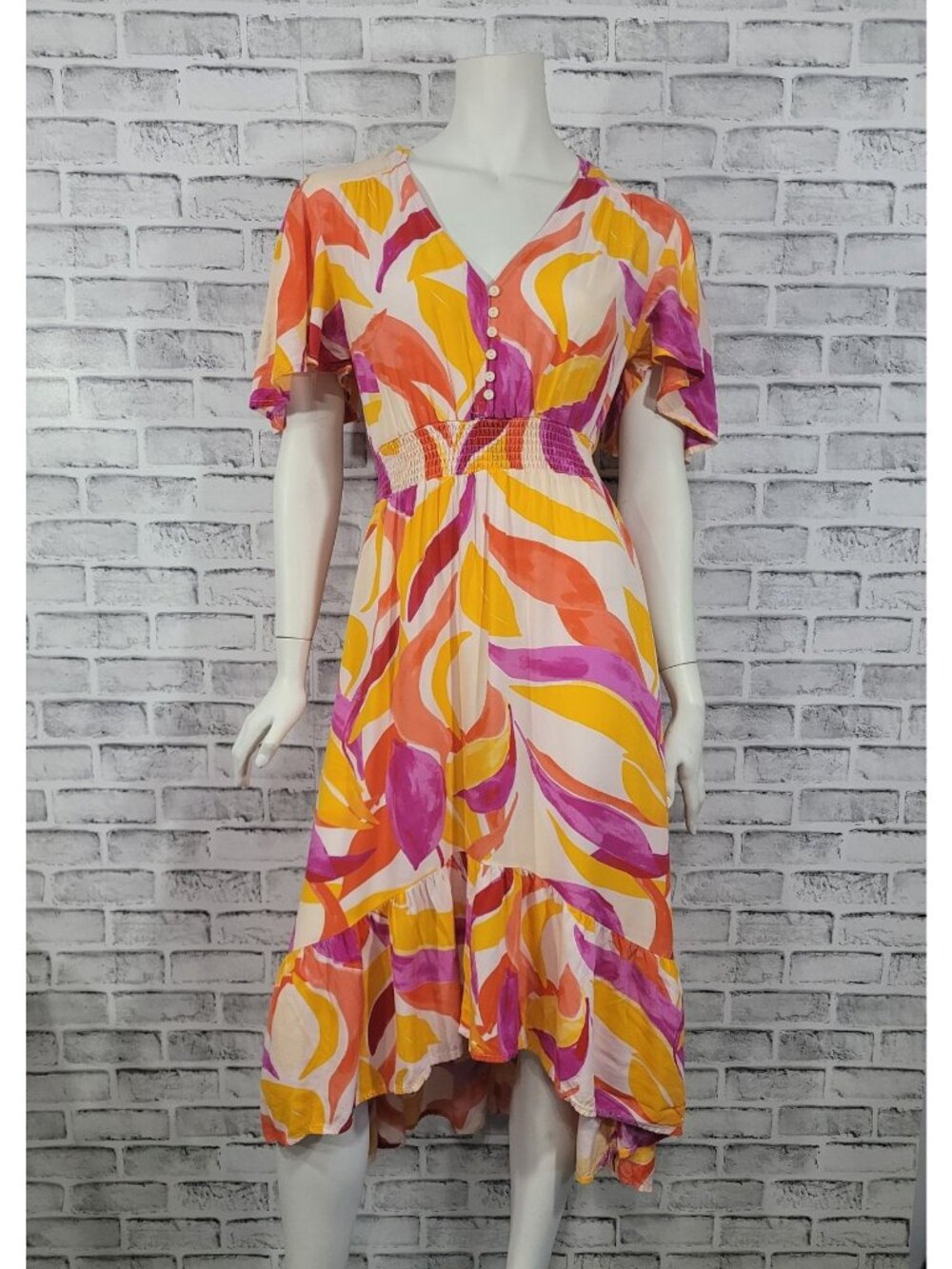 Abel the Label Anthropologie Swish Hi Lo Dress Size Large Orange Pink Smocking